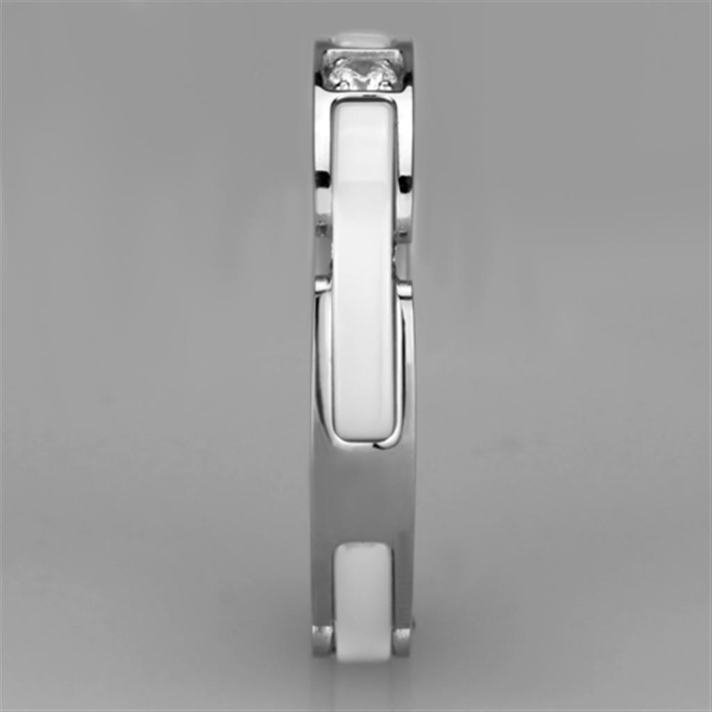 3W963 High Polished Stainless Steel Ring featuring a white ceramic center stone, showcasing a sleek and modern design.