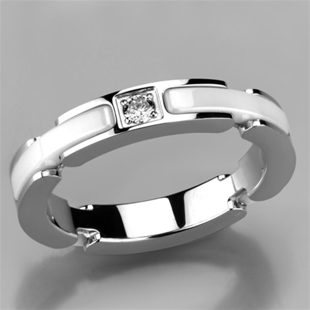 3W963 High Polished Stainless Steel Ring featuring a white ceramic center stone, showcasing a sleek and modern design.