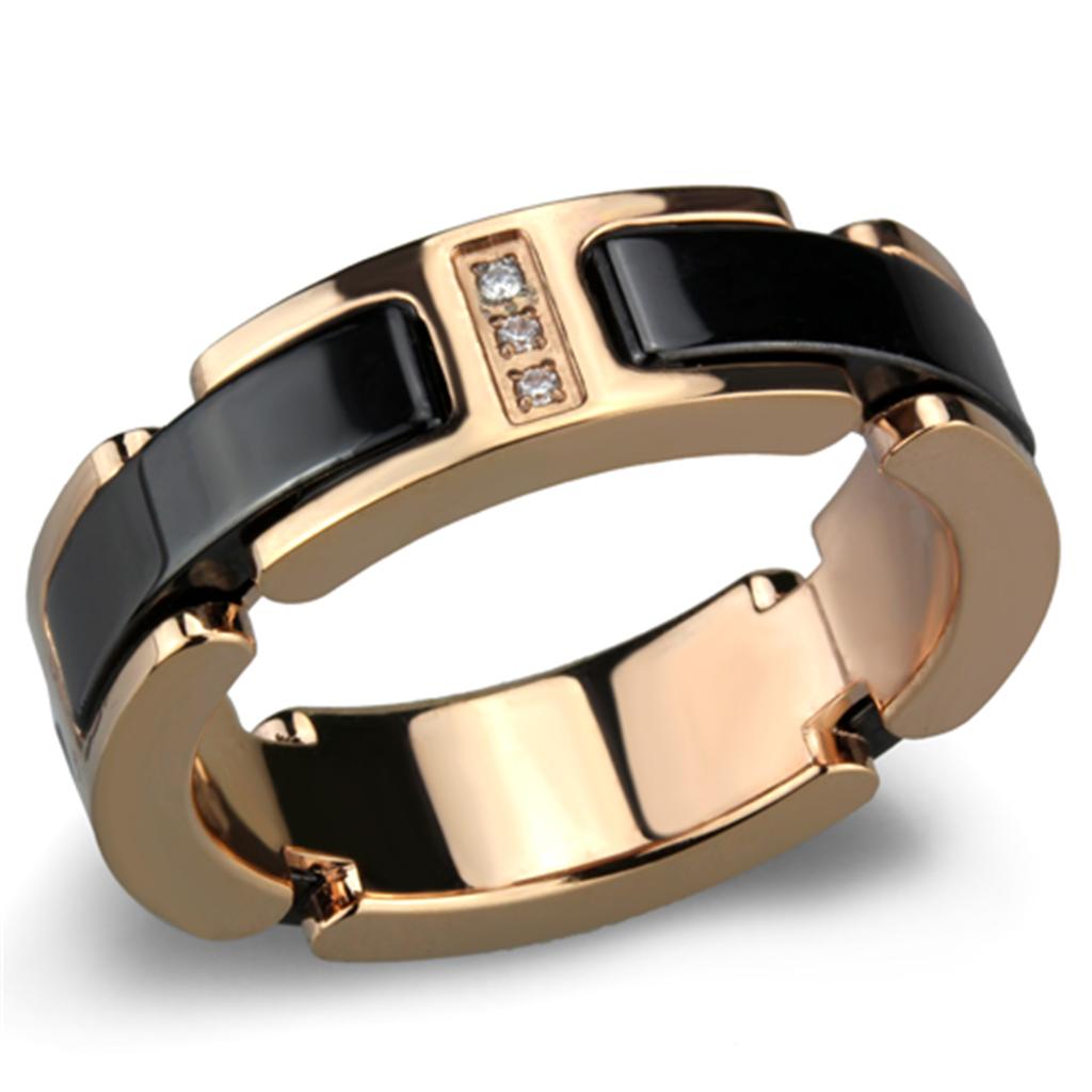 3W964 IP Rose Gold Stainless Steel Ring featuring a jet black ceramic center stone, showcasing elegance and durability.