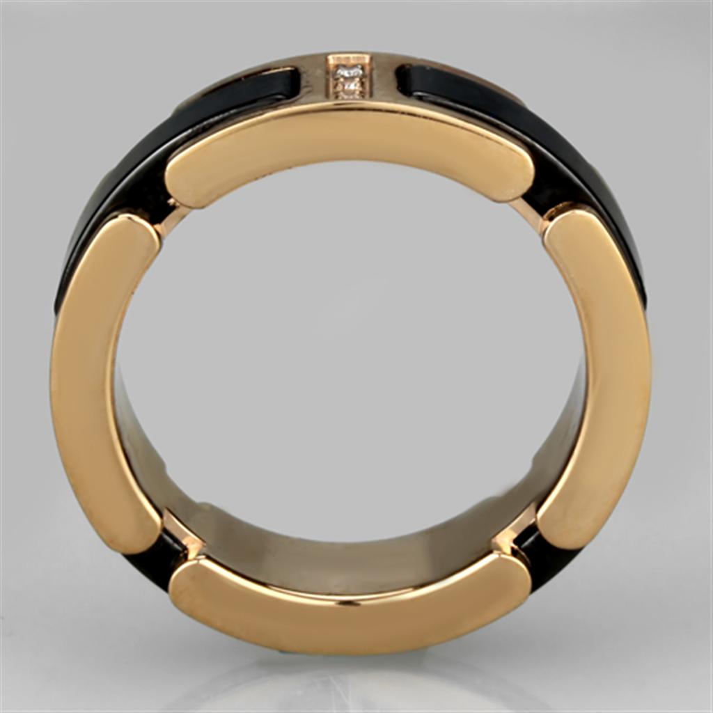 3W964 IP Rose Gold Stainless Steel Ring featuring a jet black ceramic center stone, showcasing elegance and durability.