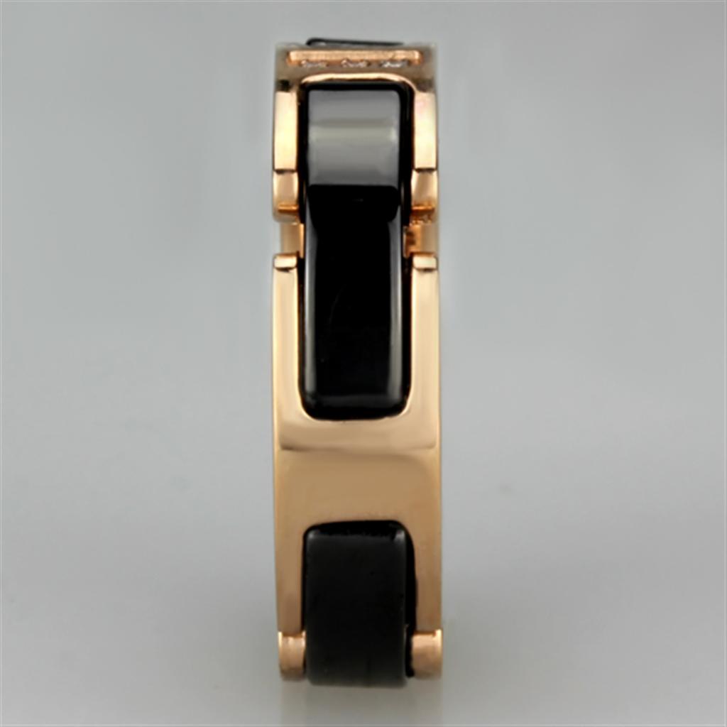 3W964 IP Rose Gold Stainless Steel Ring featuring a jet black ceramic center stone, showcasing elegance and durability.