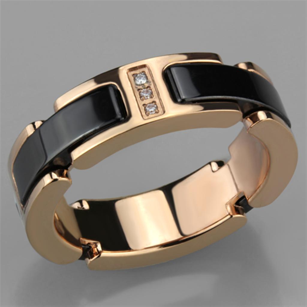 3W964 IP Rose Gold Stainless Steel Ring featuring a jet black ceramic center stone, showcasing elegance and durability.