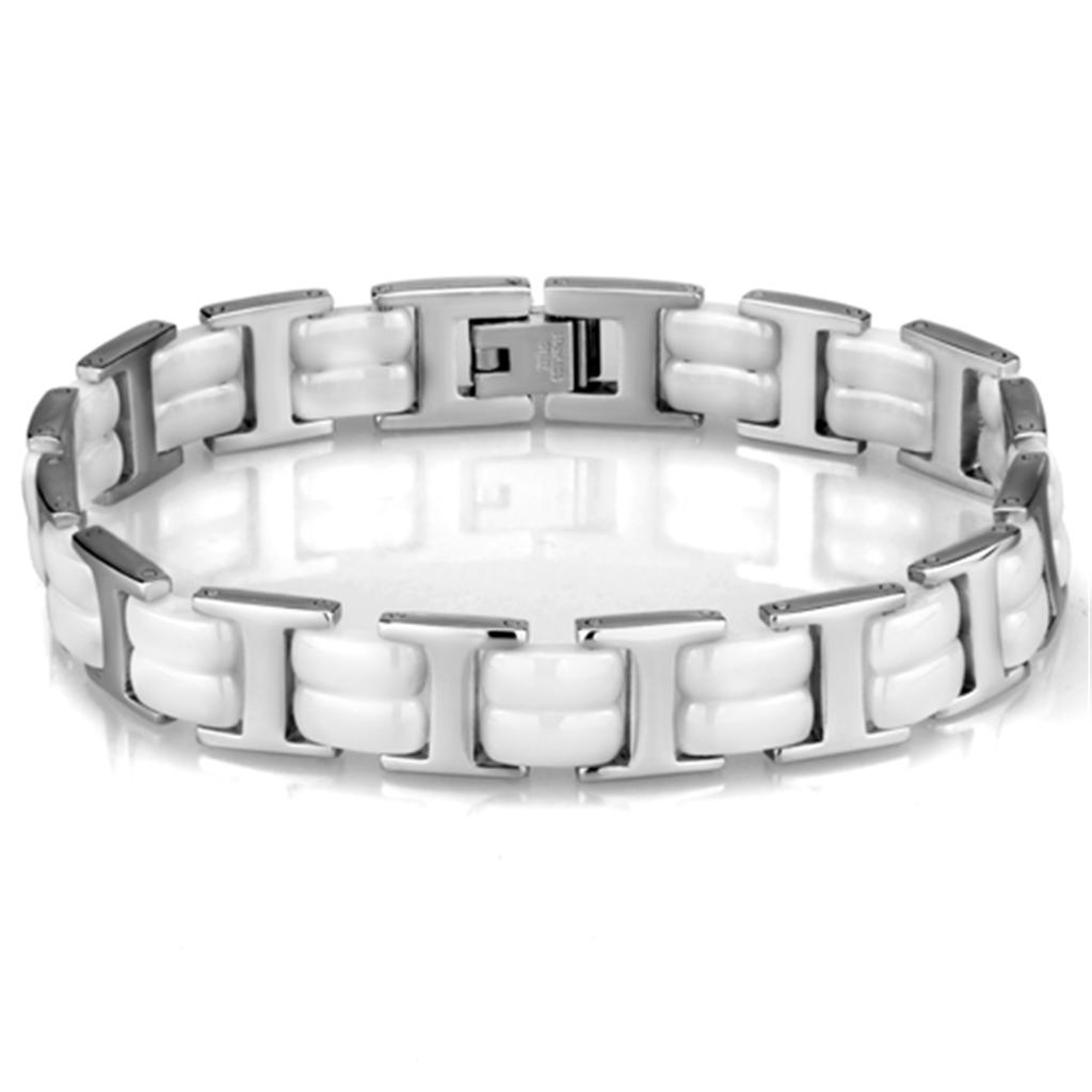 High polished stainless steel bracelet featuring a white ceramic center stone, showcasing elegance and modern design.