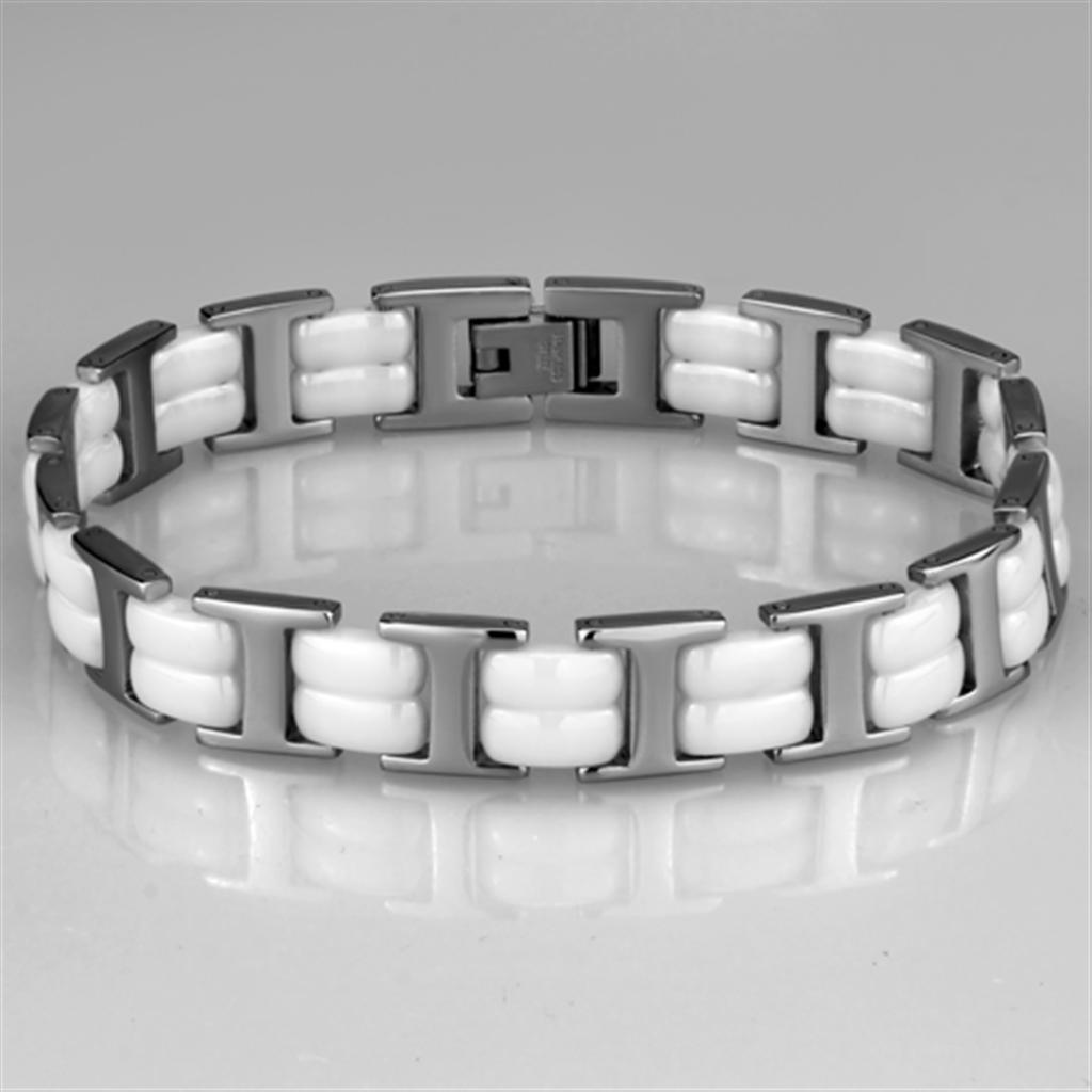 High polished stainless steel bracelet featuring a white ceramic center stone, showcasing elegance and modern design.