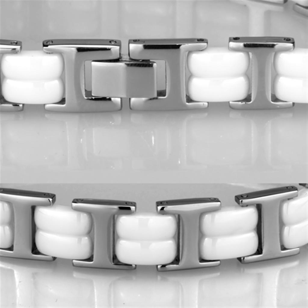 High polished stainless steel bracelet featuring a white ceramic center stone, showcasing elegance and modern design.