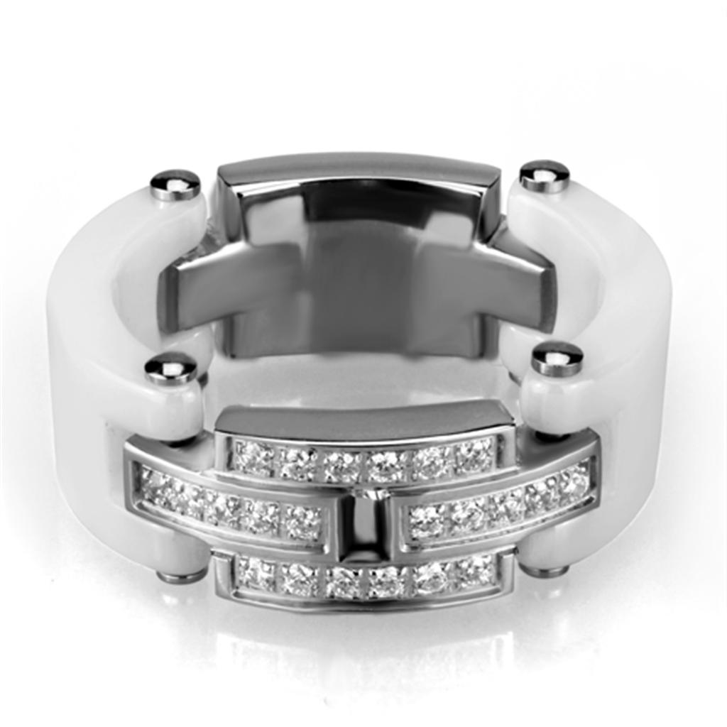 3W977 High Polished Stainless Steel Ring featuring a white ceramic center stone, showcasing a sleek and elegant design.