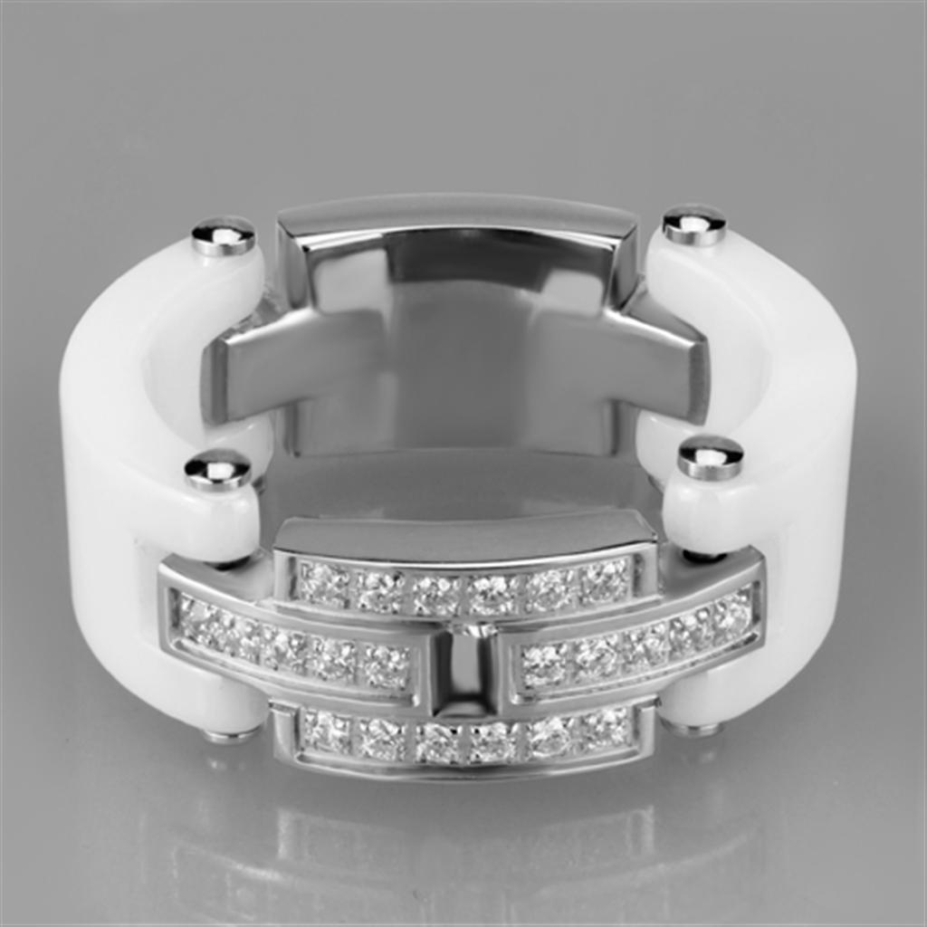 3W977 High Polished Stainless Steel Ring featuring a white ceramic center stone, showcasing a sleek and elegant design.