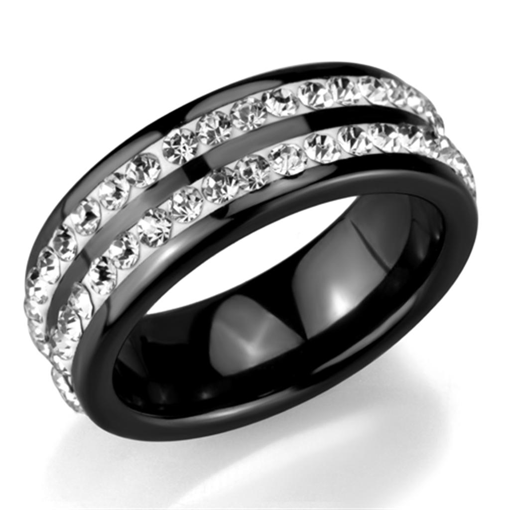 3W971 High Polished Stainless Steel Ring featuring a Jet Ceramic Center Stone, showcasing a sleek and modern design.