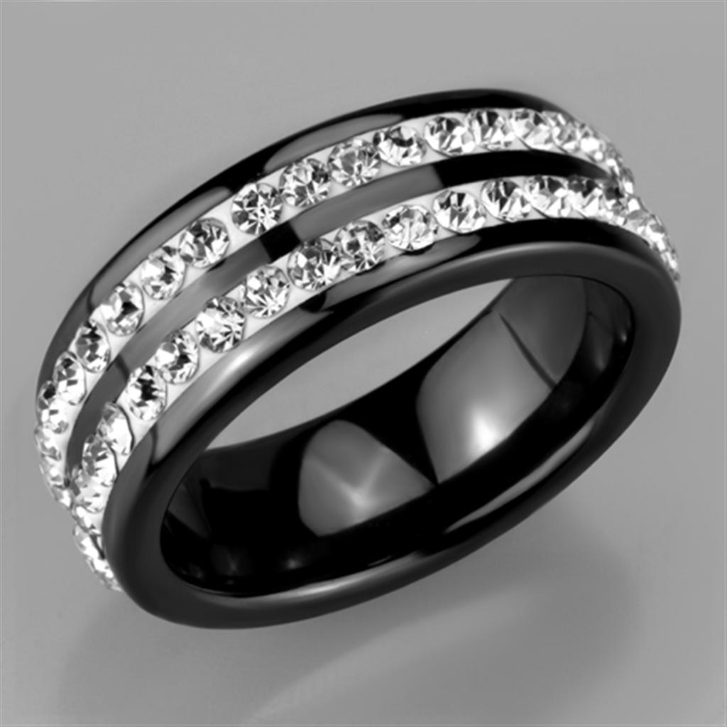 3W971 High Polished Stainless Steel Ring featuring a Jet Ceramic Center Stone, showcasing a sleek and modern design.