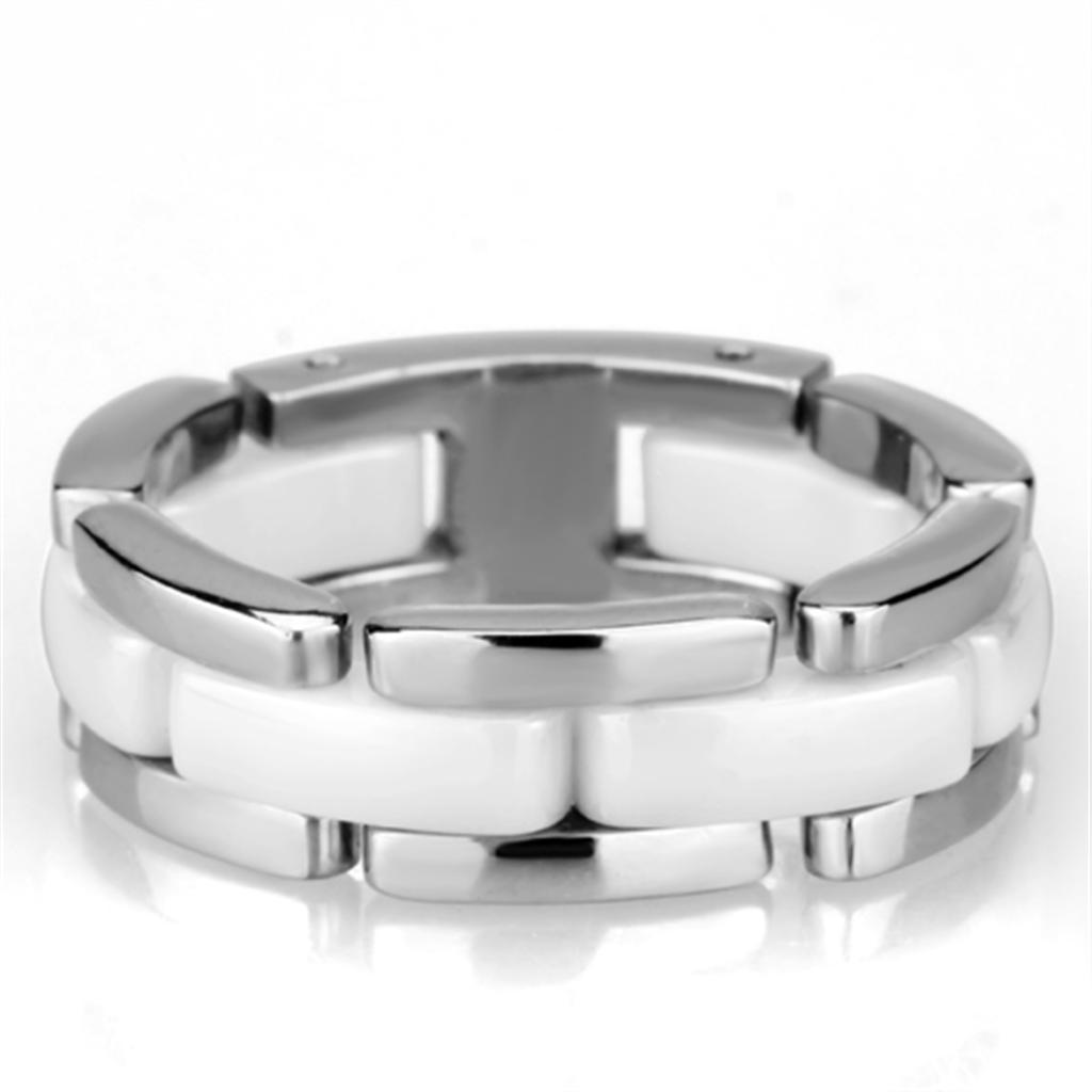 3W973 High Polished Stainless Steel Ring featuring a white ceramic center stone, showcasing a sleek and modern design.