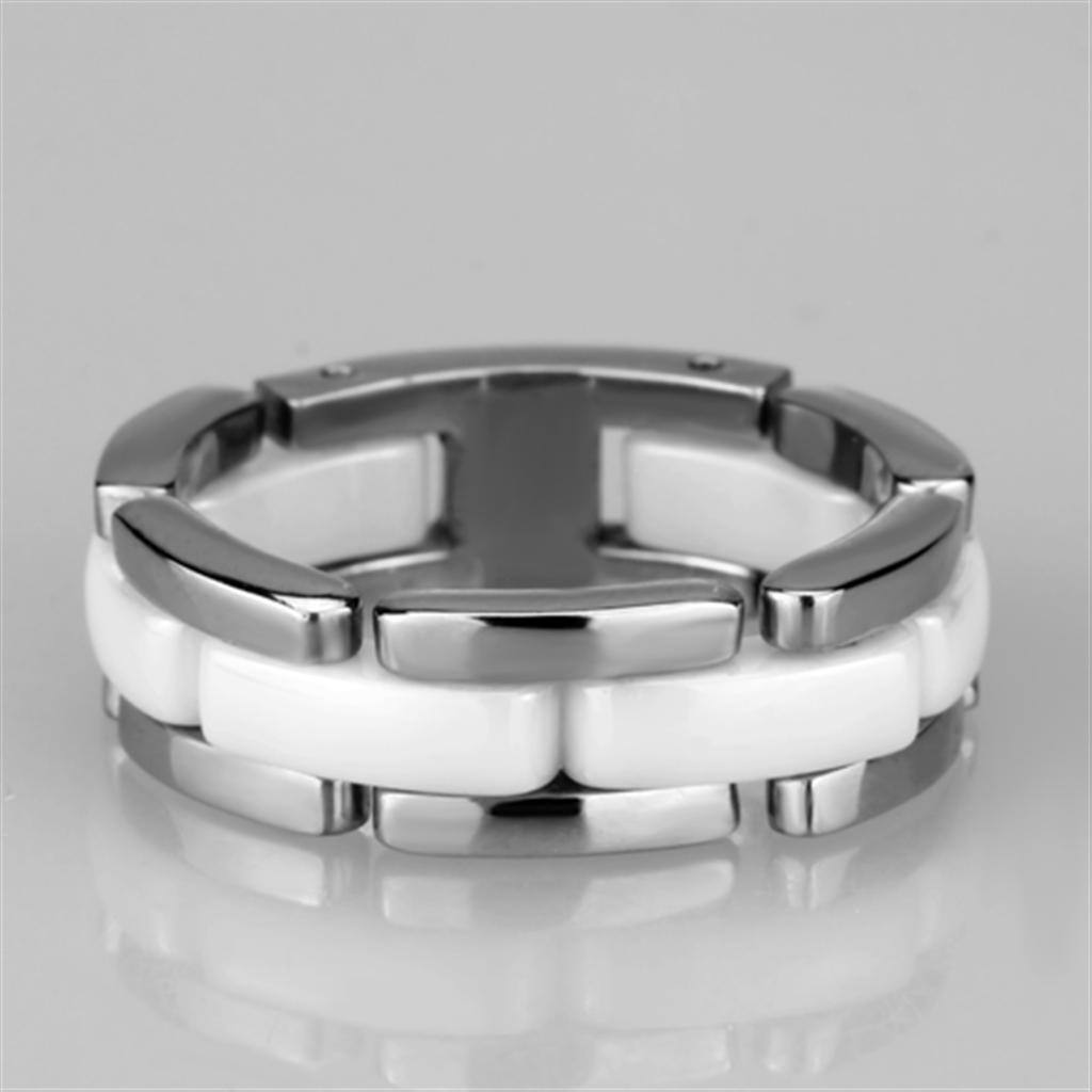 3W973 High Polished Stainless Steel Ring featuring a white ceramic center stone, showcasing a sleek and modern design.