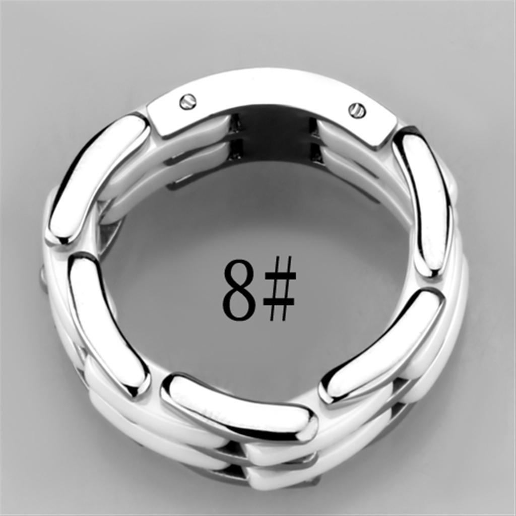 3W973 High Polished Stainless Steel Ring featuring a white ceramic center stone, showcasing a sleek and modern design.