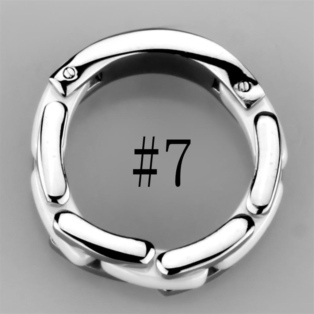 3W973 High Polished Stainless Steel Ring featuring a white ceramic center stone, showcasing a sleek and modern design.