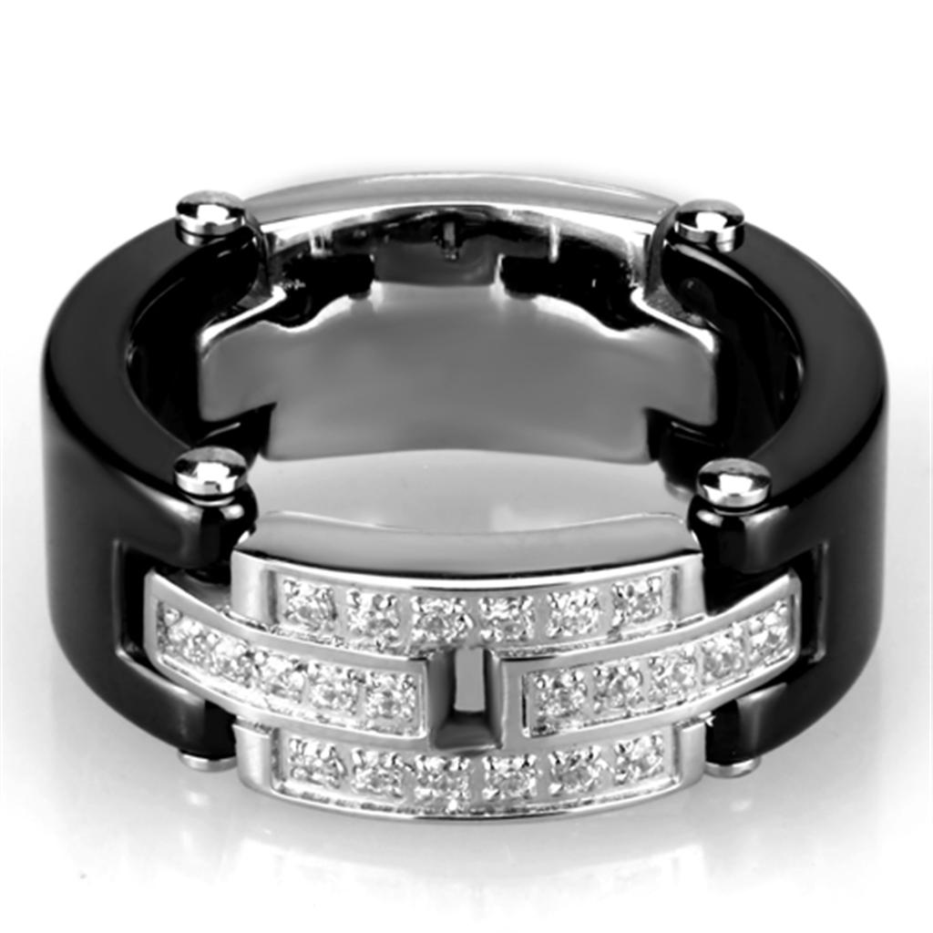 3W976 High Polished Stainless Steel Ring featuring a Jet Black Ceramic Center Stone, showcasing a sleek and modern design.