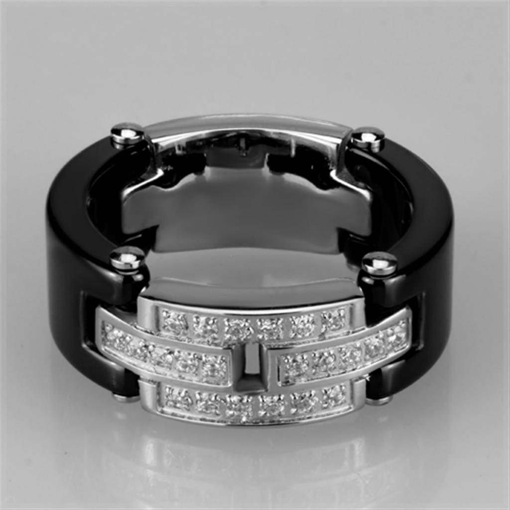 3W976 High Polished Stainless Steel Ring featuring a Jet Black Ceramic Center Stone, showcasing a sleek and modern design.