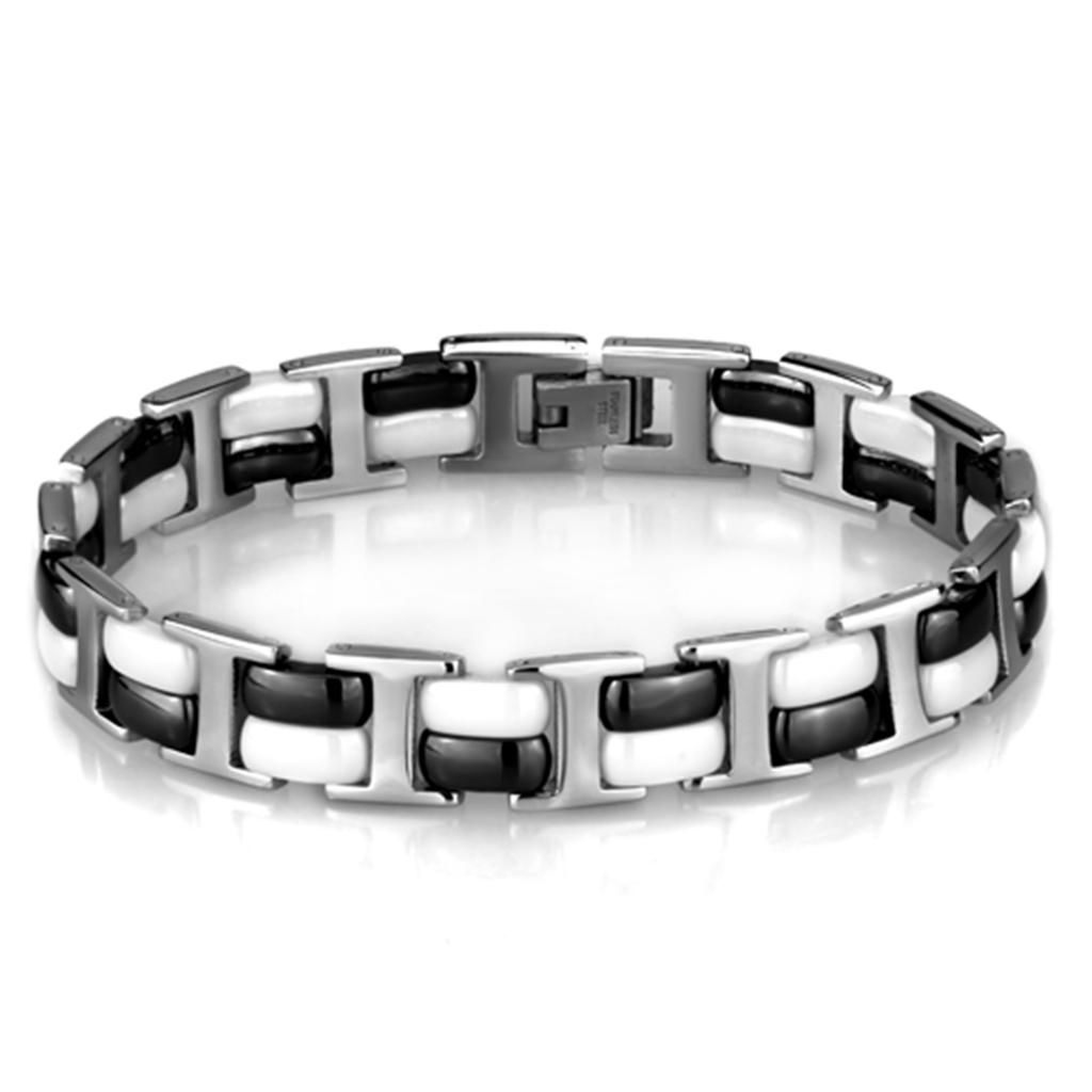 3W998 High Polished Stainless Steel Bracelet featuring a Jet Ceramic Center Stone, showcasing its elegant design and shiny finish.