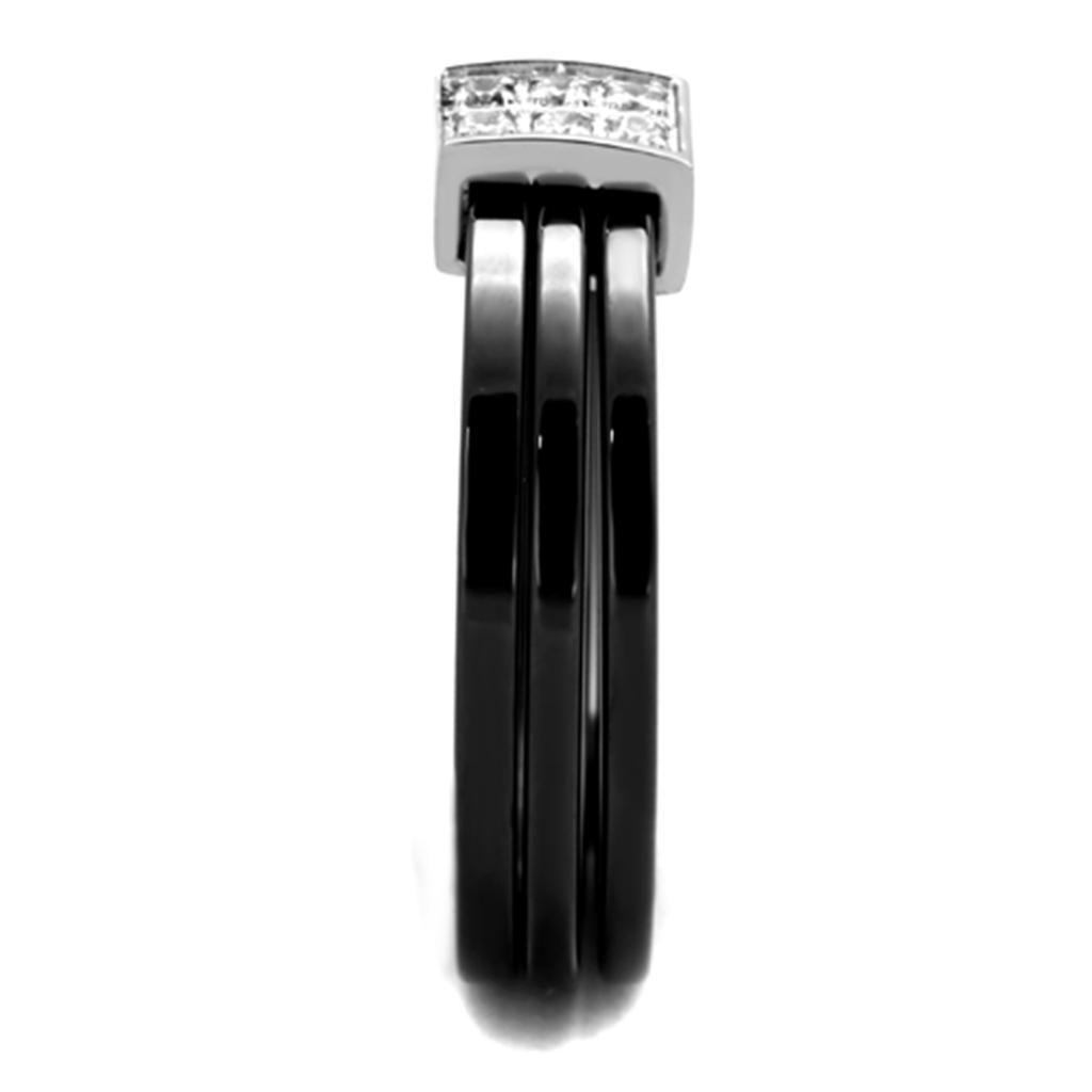 3W980 High Polished Stainless Steel Ring featuring a jet-colored ceramic center stone, showcasing a sleek and elegant design.