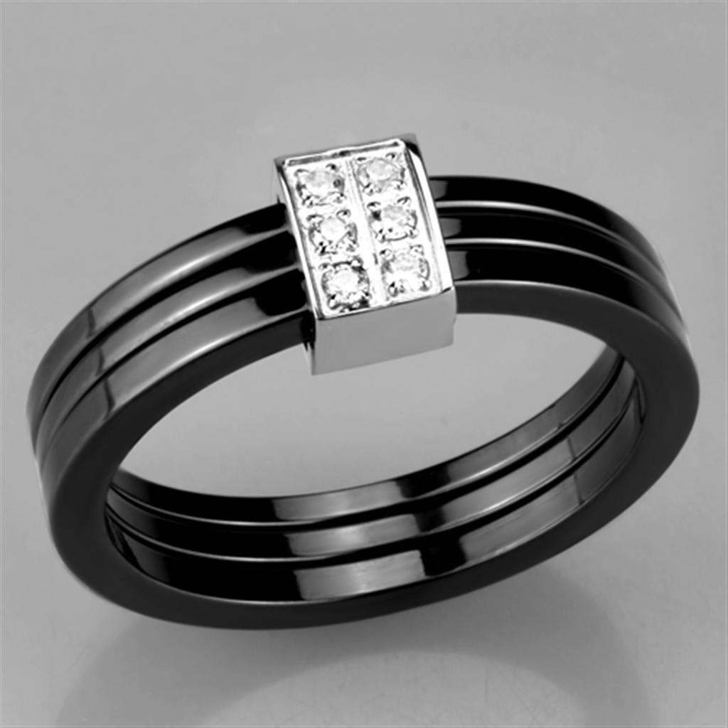 3W980 High Polished Stainless Steel Ring featuring a jet-colored ceramic center stone, showcasing a sleek and elegant design.