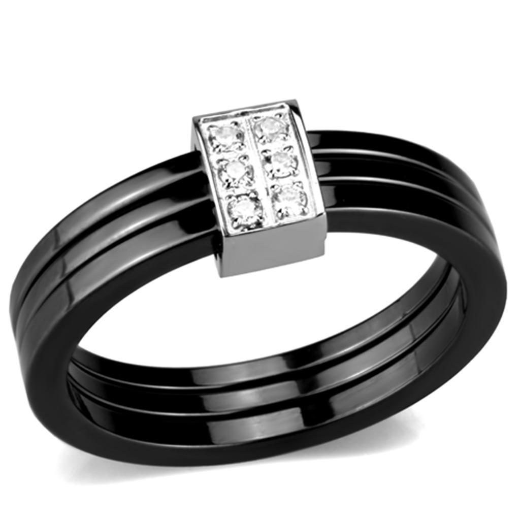 3W980 High Polished Stainless Steel Ring featuring a jet-colored ceramic center stone, showcasing a sleek and elegant design.