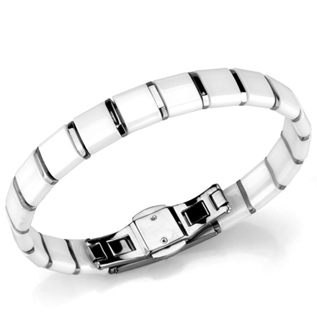 High polished stainless steel bracelet featuring a white ceramic center stone, showcasing elegance and durability.