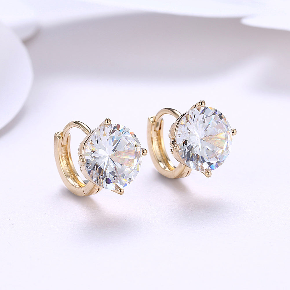 Elegant 4 Prong Stone Huggie Earring in 18K Gold Plated, showcasing its luxurious design and hypoallergenic features.