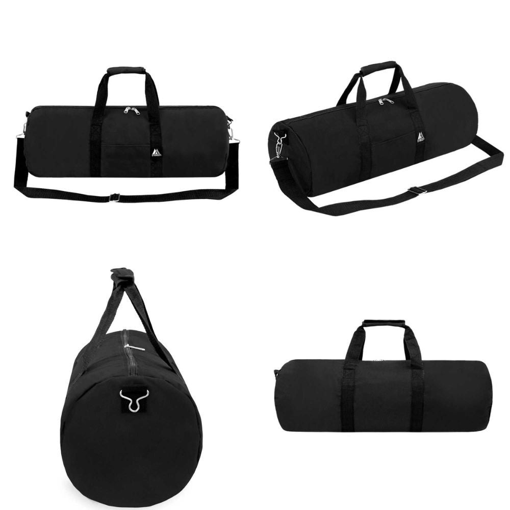 A spacious 40-inch round duffel bag made of durable 600D polyester, featuring a zippered main compartment and adjustable shoulder strap.