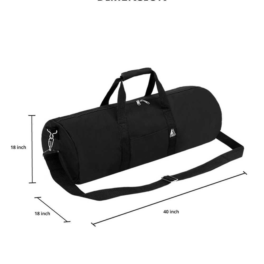 A spacious 40-inch round duffel bag made of durable 600D polyester, featuring a zippered main compartment and adjustable shoulder strap.