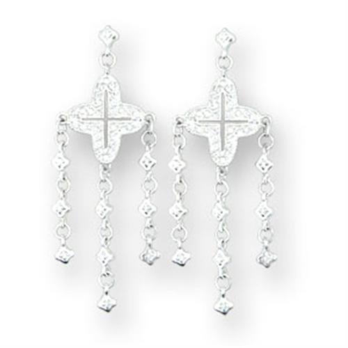 Elegant 414222 High-Polished 925 Sterling Silver Earrings with clear AAA grade CZ stones in round shape.