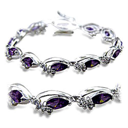 Rhodium brass bracelet featuring AAA Grade CZ stone in amethyst color, showcasing elegant design and craftsmanship.