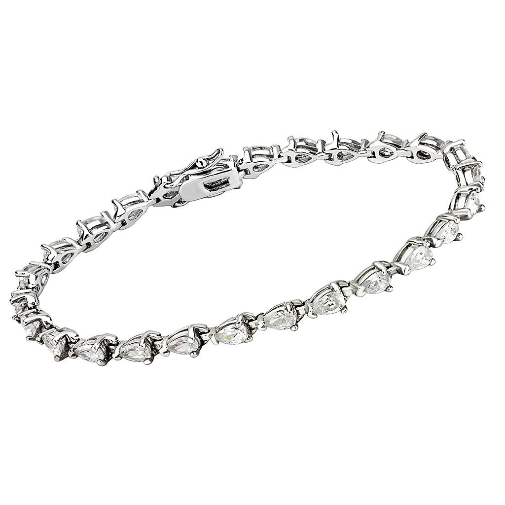 Rhodium Brass Bracelet featuring a clear AAA Grade CZ stone, showcasing its elegant design and sparkling finish.