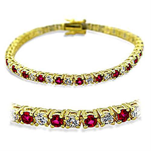 Elegant gold brass bracelet featuring a synthetic garnet stone in ruby color, showcasing its intricate design and craftsmanship.