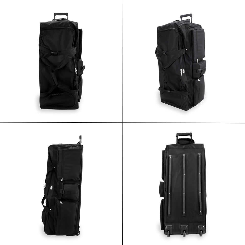 A spacious 42 Inch Deluxe Wheeled Duffel bag with a telescopic handle and rubberized wheels, designed for easy maneuverability and organization.