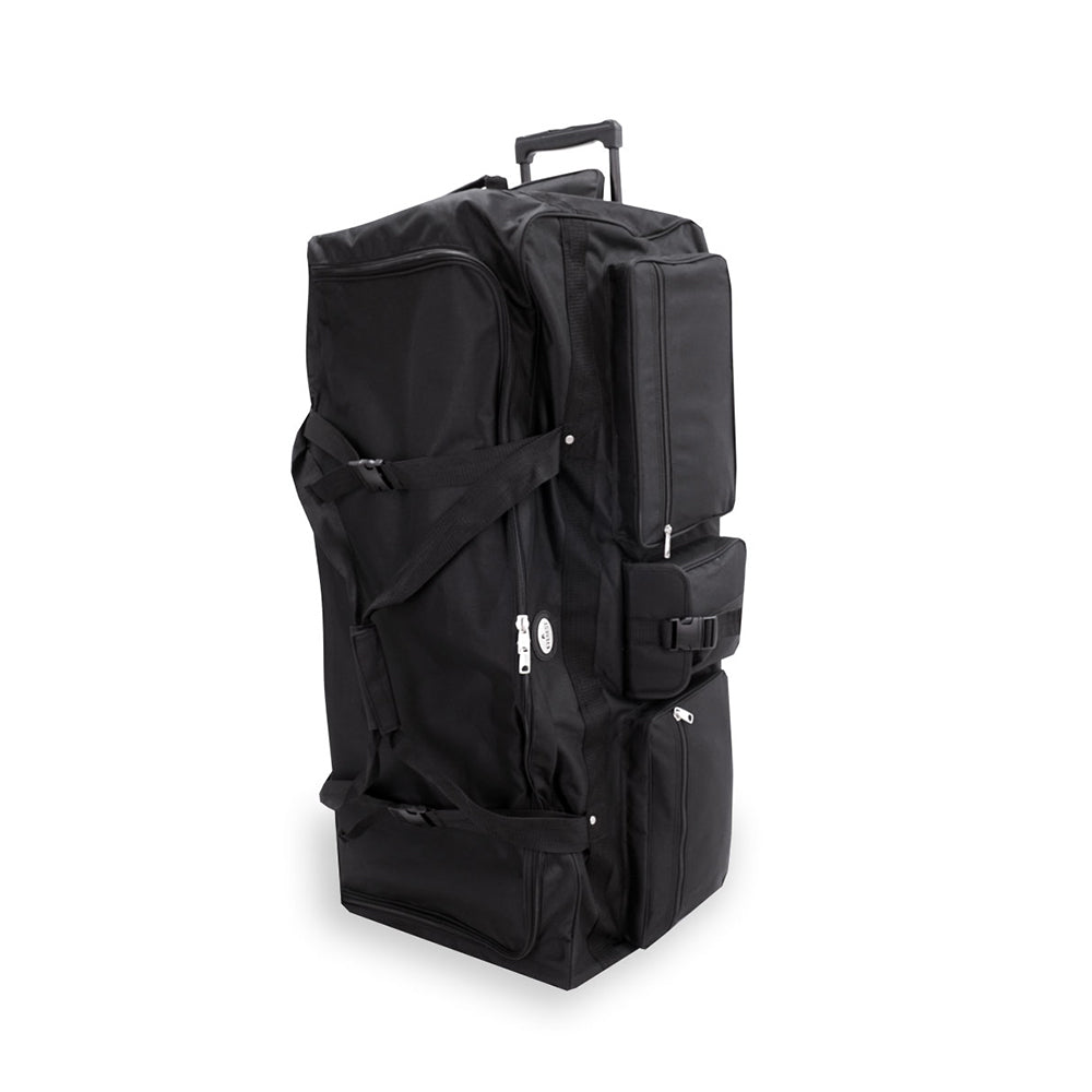 A spacious 42 Inch Deluxe Wheeled Duffel bag with a telescopic handle and rubberized wheels, designed for easy maneuverability and organization.