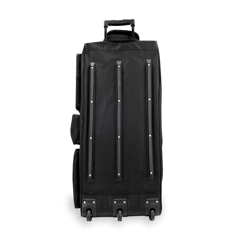 A spacious 42 Inch Deluxe Wheeled Duffel bag with a telescopic handle and rubberized wheels, designed for easy maneuverability and organization.