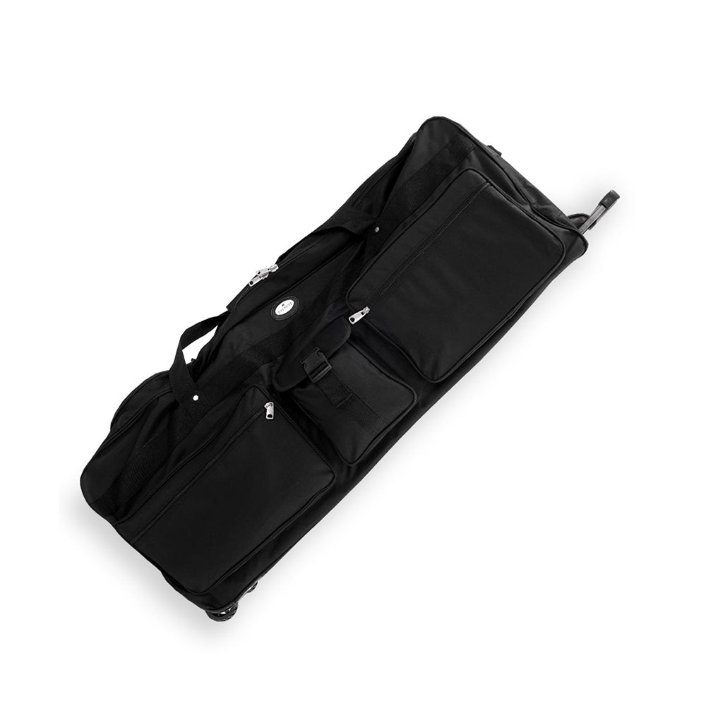 A spacious 42 Inch Deluxe Wheeled Duffel bag with a telescopic handle and rubberized wheels, designed for easy maneuverability and organization.