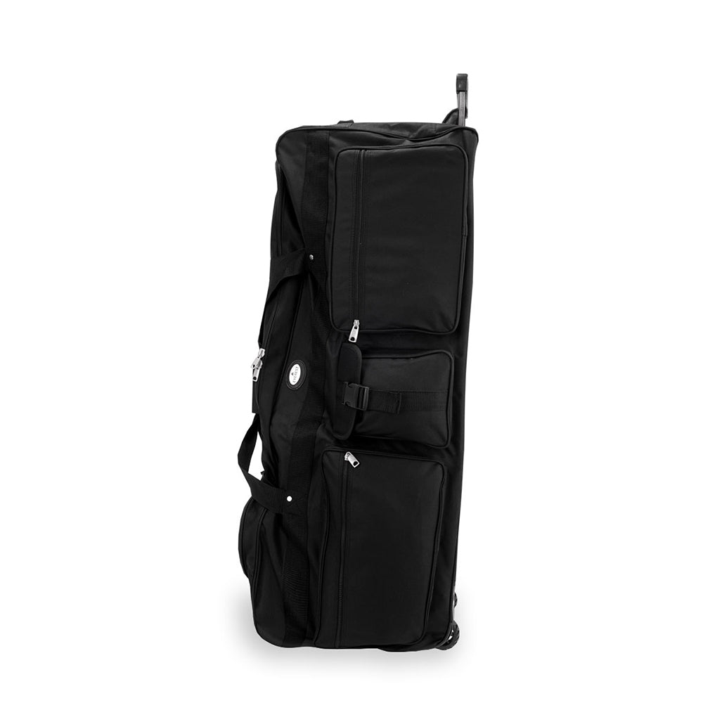 A spacious 42 Inch Deluxe Wheeled Duffel bag with a telescopic handle and rubberized wheels, designed for easy maneuverability and organization.