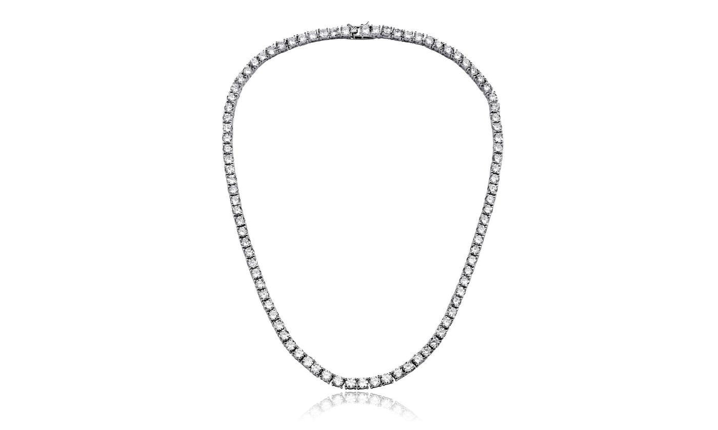 A luxurious 42.00 CTTW Cubic Zirconia Tennis Necklace featuring 98 round cut crystals set in 18K white gold plating.