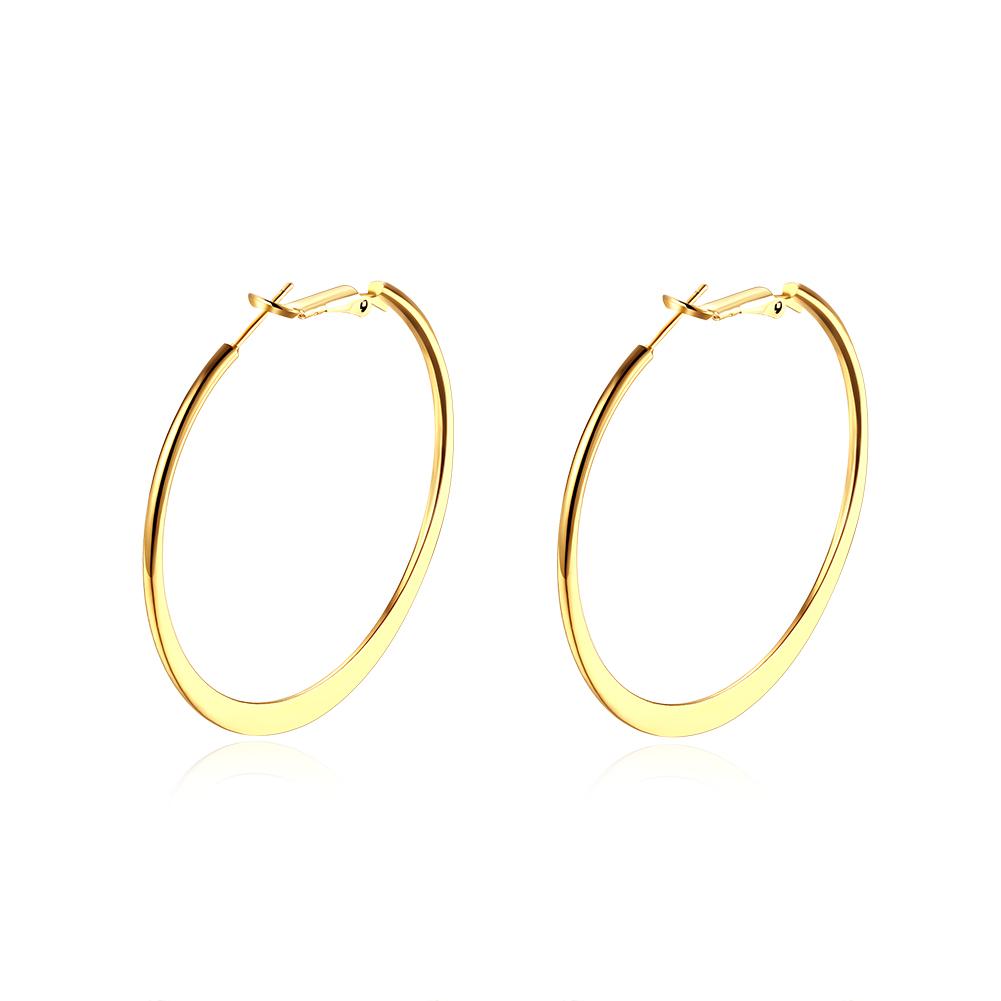 A pair of elegant 42mm flat hoop earrings in 18K gold plating, showcasing a sleek and modern design.