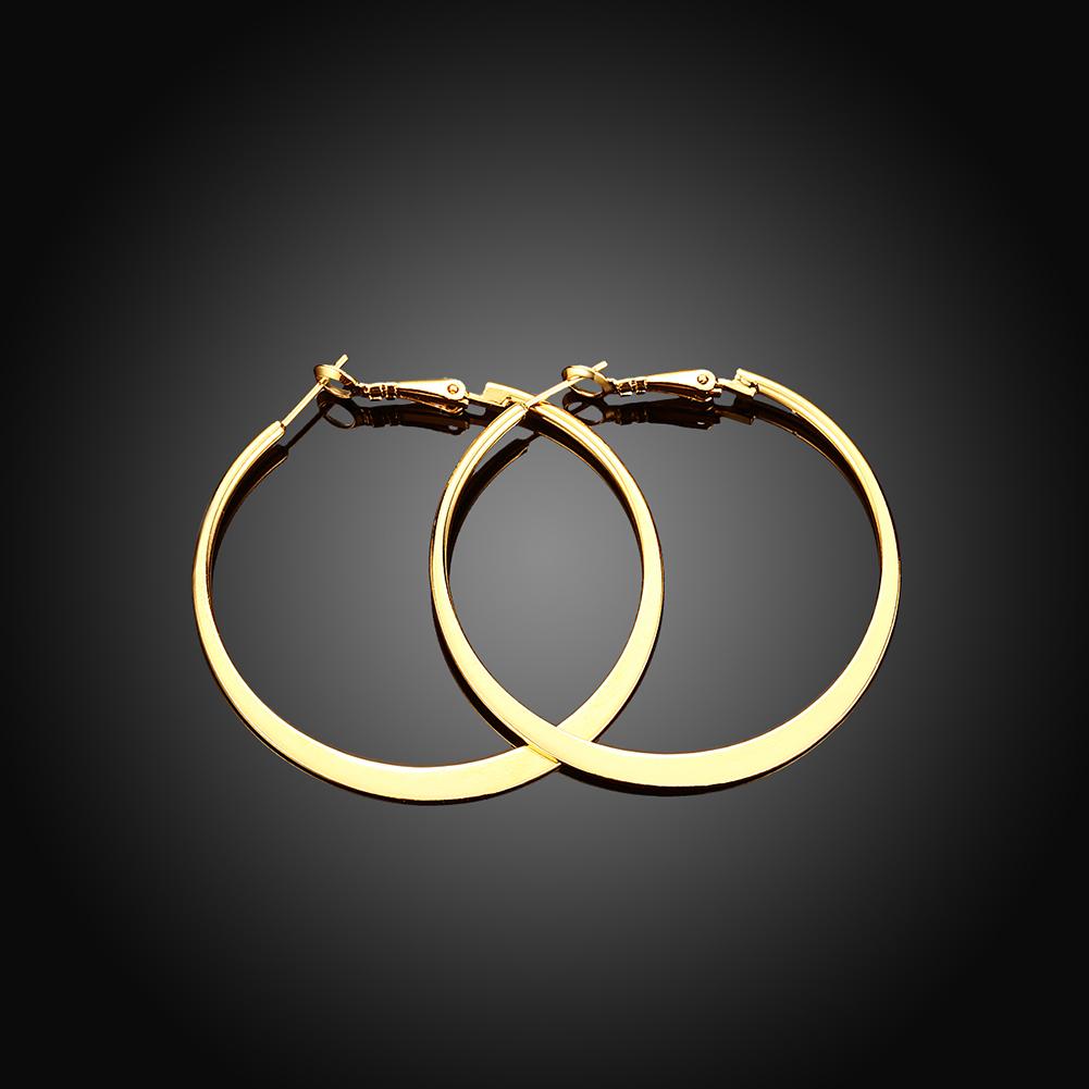 A pair of elegant 42mm flat hoop earrings in 18K gold plating, showcasing a sleek and modern design.