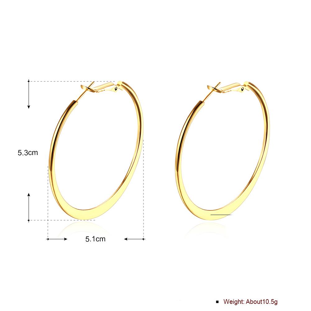 A pair of elegant 42mm flat hoop earrings in 18K gold plating, showcasing a sleek and modern design.