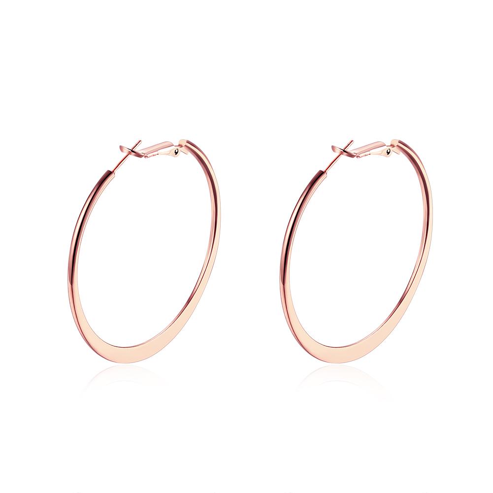 A pair of elegant 42mm flat hoop earrings in 18K rose gold plating, showcasing their shiny finish and comfortable design.