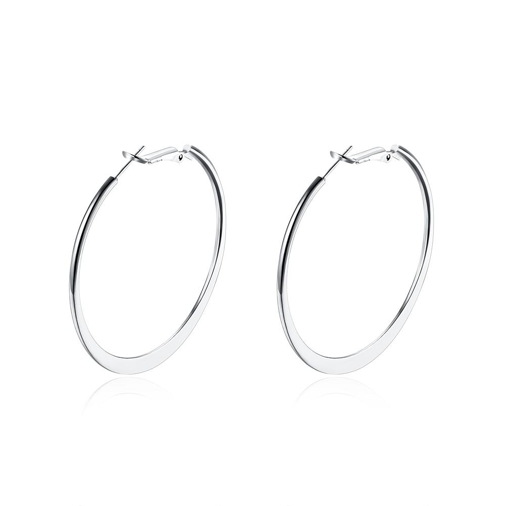 Elegant 42mm flat hoop earrings in 18K white gold plating, showcasing a shiny and sophisticated design suitable for any occasion.