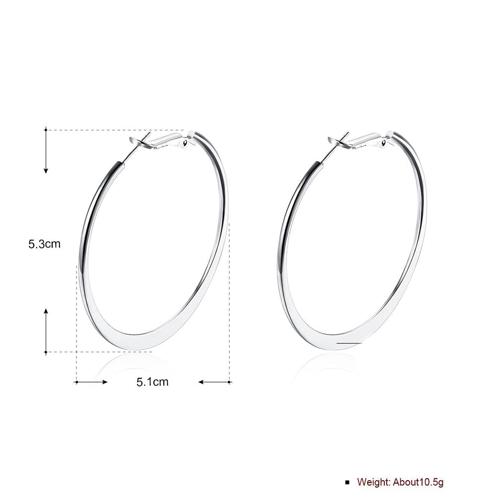 Elegant 42mm flat hoop earrings in 18K white gold plating, showcasing a shiny and sophisticated design suitable for any occasion.