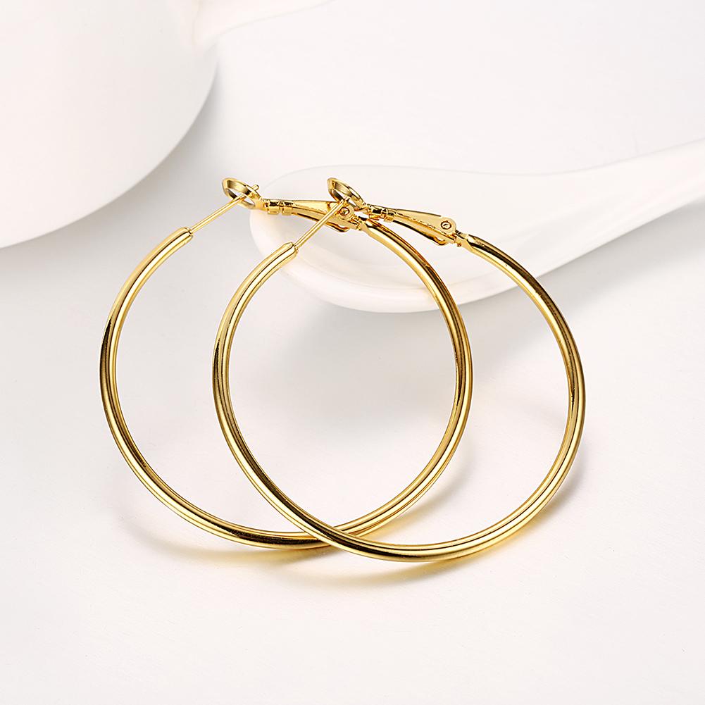 A pair of elegant 42mm round hoop earrings in 18K gold plating, showcasing a shiny and sophisticated design.