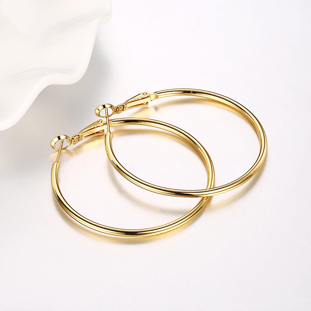 A pair of elegant 42mm round hoop earrings in 18K gold plating, showcasing a shiny and sophisticated design.