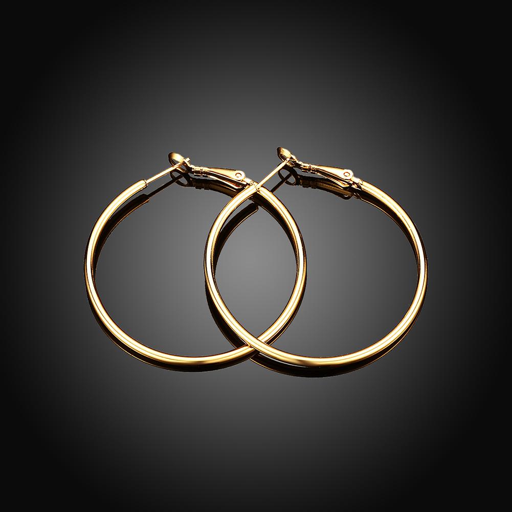 A pair of elegant 42mm round hoop earrings in 18K gold plating, showcasing a shiny and sophisticated design.