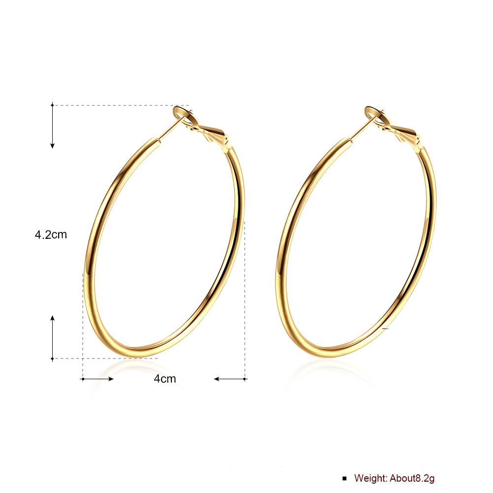 A pair of elegant 42mm round hoop earrings in 18K gold plating, showcasing a shiny and sophisticated design.