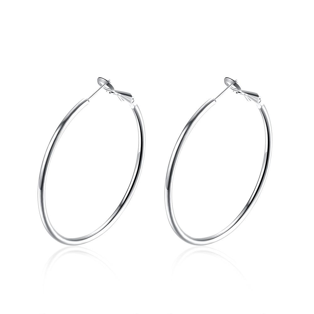 A pair of elegant 42mm round hoop earrings crafted in 18K white gold plating, showcasing a shiny and sophisticated design.