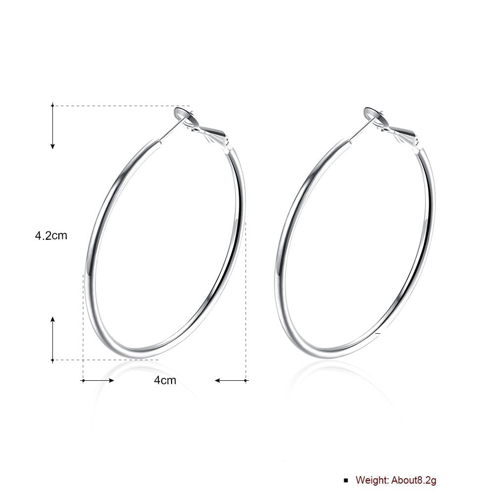 A pair of elegant 42mm round hoop earrings crafted in 18K white gold plating, showcasing a shiny and sophisticated design.