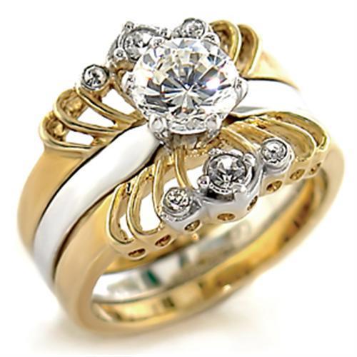 Gold and rhodium brass ring featuring a clear AAA Grade CZ center stone, elegantly designed for any occasion.